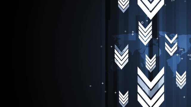 Abstract business background with downward arrows world map and geometric shapes animation