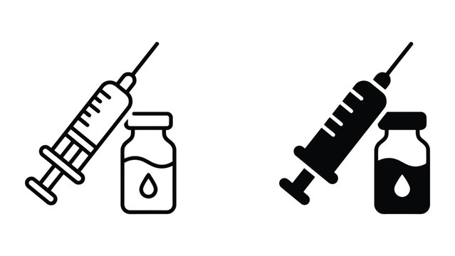 Medical vaccination injection icon set featuring syringe and medicine vial for immunization health care programs clinical treatment and pharmaceutical research concepts vector graphic assets
