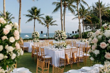 Obraz premium Wedding reception setup on a tropical beach with luxury floral banquet centerpiece