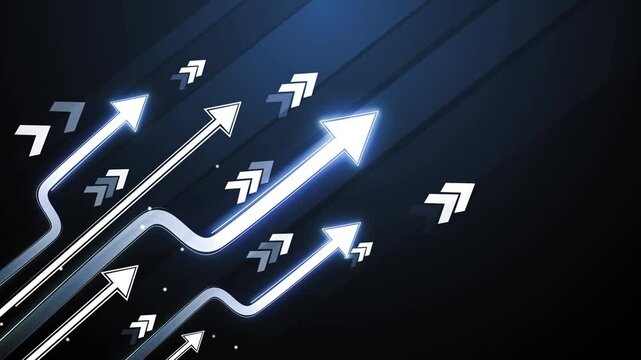 Abstract dark background with glowing arrows pointing upward growth progress and rising direction animation