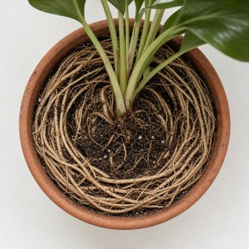 A root-bound plant in a terracotta pot, roots circling inside, top-down view.