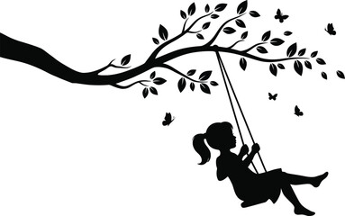 Little Girl on a Tree Swing Silhouette Vector Illustration with Butterflies and Leaves © Asaduzzaman