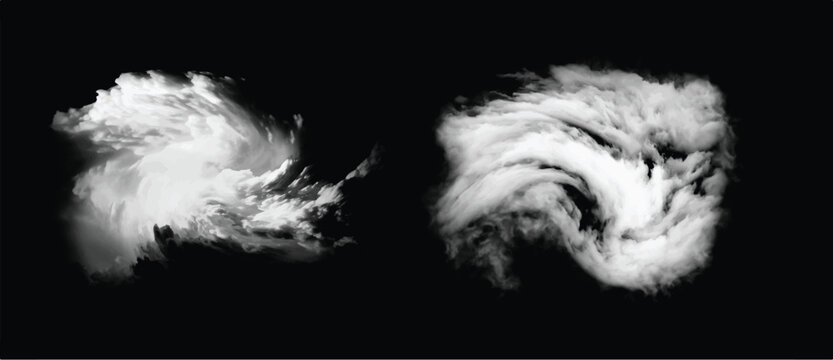 Flowing smoke. Clouds. Set of tornado isolated on black background	