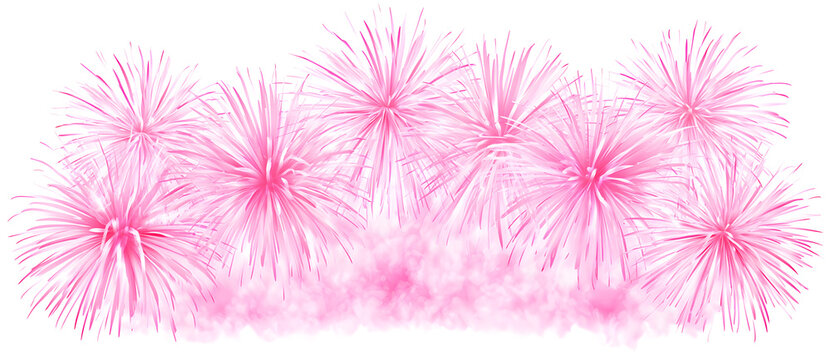 Softly pulsing pink fireworks illuminate the clear sky during a festive occasion, set against a see-through background