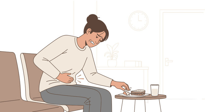 Woman Experiencing Abdominal Pain And Discomfort After Eating Sandwich, Digestive Issues