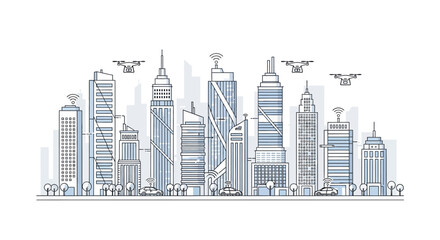 Obraz premium Smart City Skyline with Drones, Autonomous Cars and Wi-Fi Signals