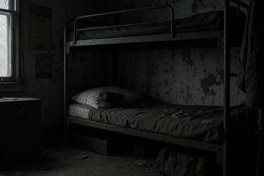 An abandoned military bunk bed with a single cap on the pillow.