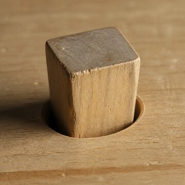 A square wooden peg attempts to fit into a round hole, showing worn edges.