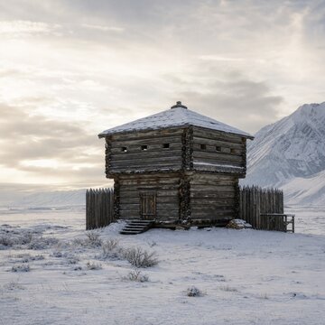 Square log blockhouse isolated in a snow-covered wilderness, soft winter light, desolate landscape.