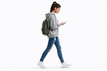 Naklejka premium Student woman walking with a backpack and smartphone isolated on white background