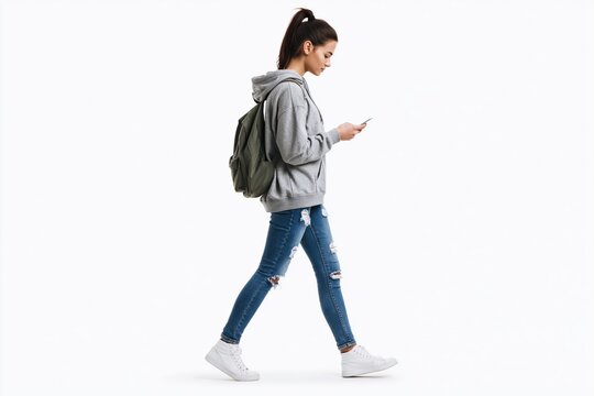 Student woman walking with a backpack and smartphone isolated on white background