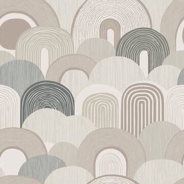 Seamless Abstract Boho Arch Pattern with Neutral Beige and Gray Rainbow Line Art