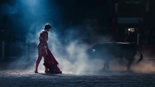 Matador Bullfighter Performing Cape Pass with Charging Bull in Dark Arena, Cinematic Slow Motion