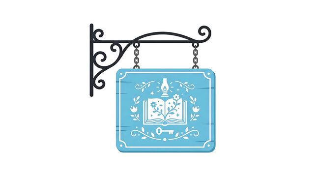 Vintage hanging sign with open book, lantern, and key illustration