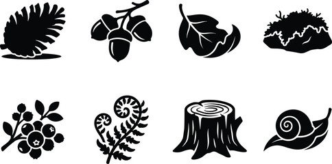 Forest nature icons set featuring pine cone acorns oak leaf moss wild berries fern tree stump snail vector illustration © Miss