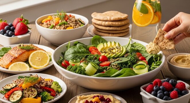 Healthy food arrangement variety