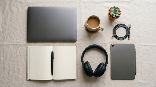 Flat lay of laptop, notebook, tablet and headphones