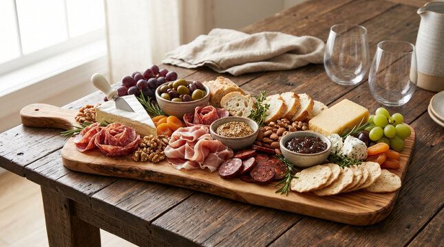 Charcuterie board with cheese, meats and fruit