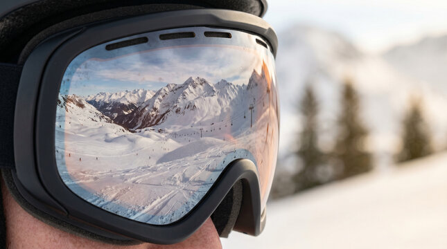 Ski goggles reflecting snowy mountain resort