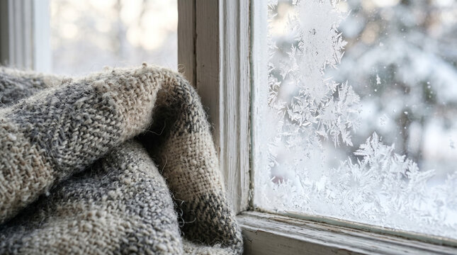 Wool blanket by frosted winter window