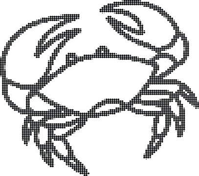 Crab scuttling on beach, detailed dot art design, marine life symbol for ocean and seafood.