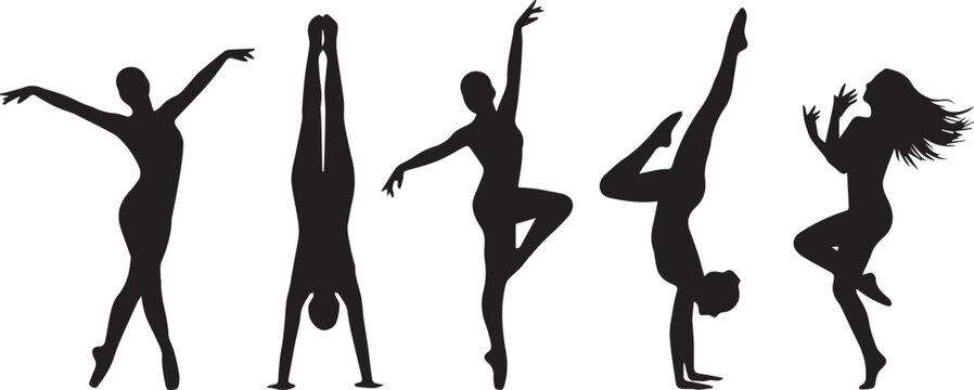 Five silhouetted women in dynamic dance poses against a white background