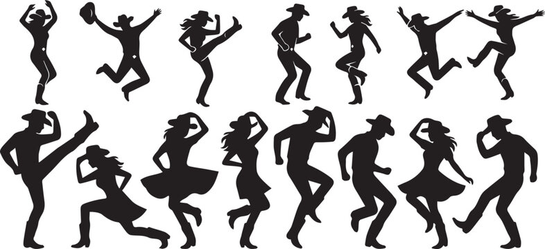 line dancing cowboys and cowgirls in various poses