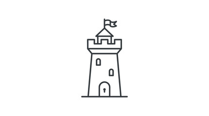 A simple line drawing of a castle tower with a flag on top against a plain white background in a minimalist style. © Dhiyak