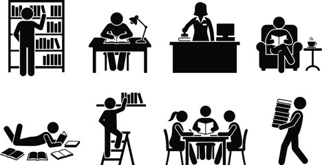 Library and student study icon set showing stick figures reading books, researching at desk, and organizing bookshelves © Miss