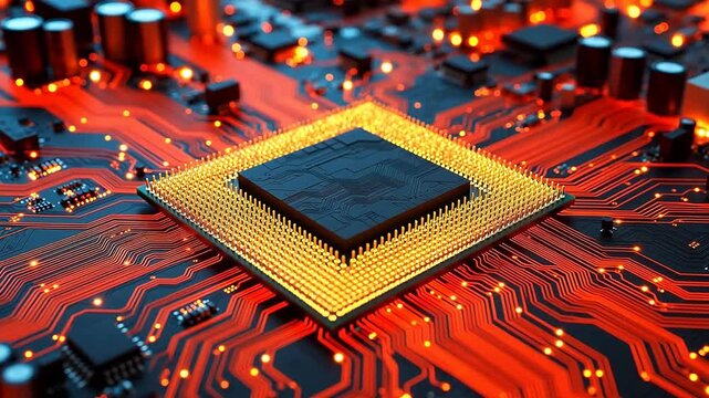 Closeup of a glowing computer chip