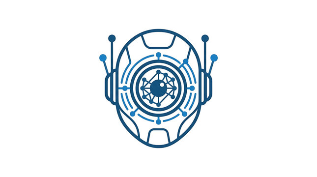 Abstract robot head logo design, futuristic artificial intelligence concept, digital cybernetic face icon, vector illustration