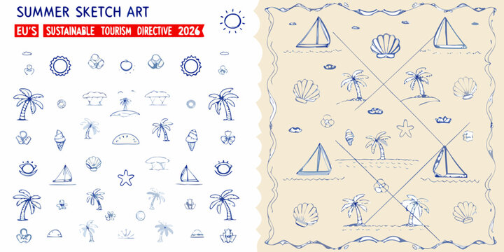 Summer sketch art collection with line drawings of tropical elements and beach objects on beige