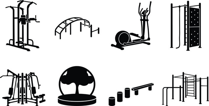 Outdoor fitness equipment and gym machine vector icon set featuring calisthenics parks street workout bars and training stations