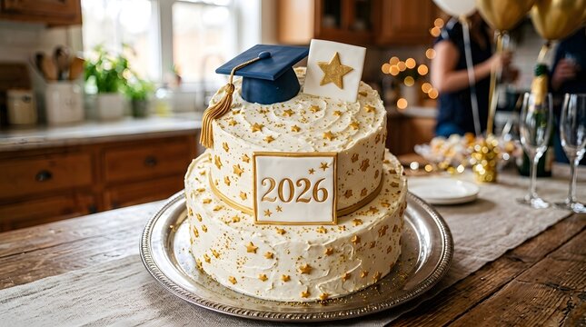 Twotier graduation cake with 2026 topper and mortarboard decoration