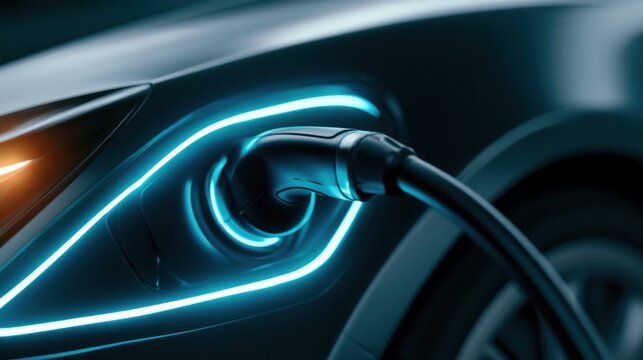 Electric car charging with blue neon lights