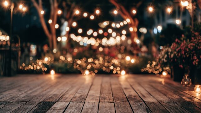 Outdoor evening scene with string lights and wooden deck