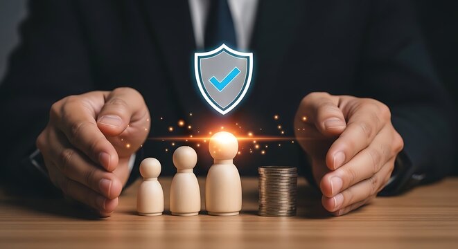 Businessman protecting wooden figures and coins with a shield icon, concept of financial security and insurance