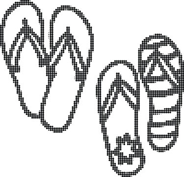 Pair of flip flop sandals in halftone dot pattern isolated on grey background representing casual summer footwear theme.