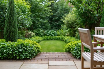 Obraz premium Backyard garden landscape with a stone patio lush lawn and trees in nature scenery