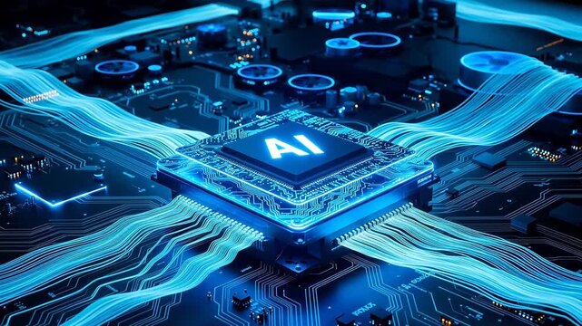 AI chip on circuit board with glowing lines