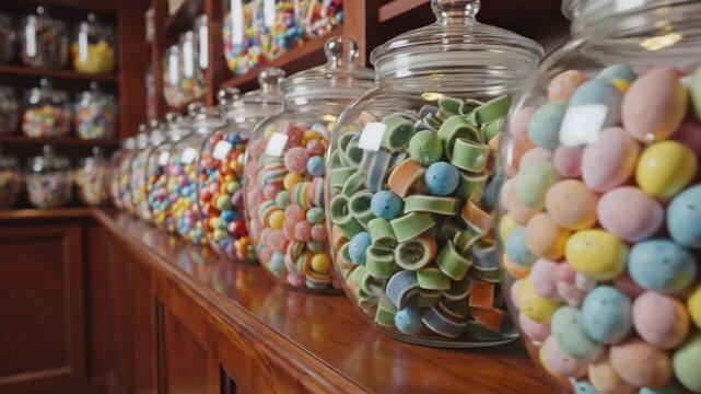 Rows of glass display jars filled with diverse colorful candies, gummies, and chocolates on store shelves. Assorted confectionery in transparent containers in a candy shop.