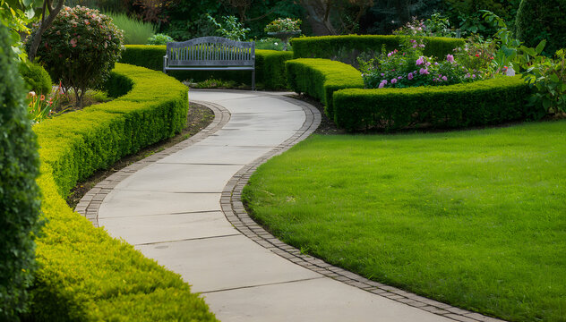 Winding Concrete Pathway Through a Beautifully Landscaped Garden with Manicured Bushes and Flowering Plants