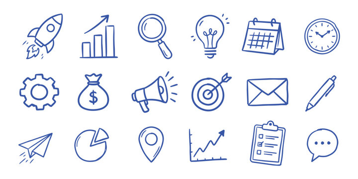 marketing and business icons in doodle style, vector file