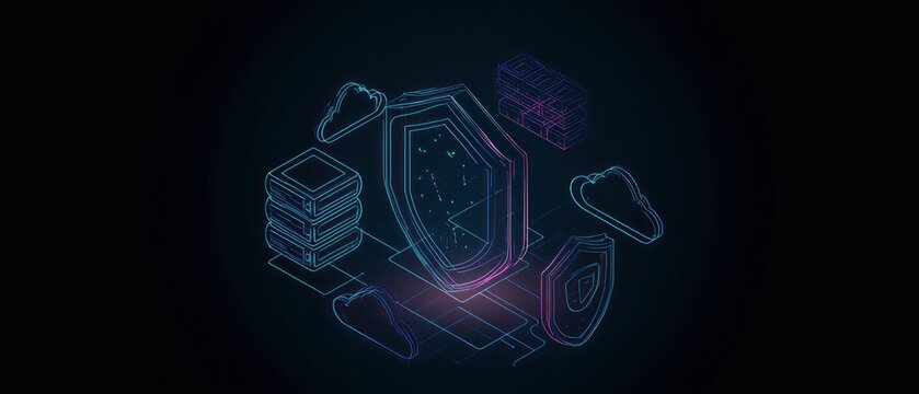 Digital security concept with shields clouds and servers