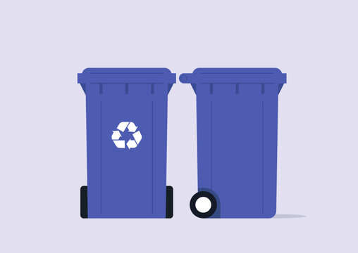 Two angles of a vibrant blue trash bin proudly display the recycling symbol, encouraging community members to dispose of waste properly, reflecting a commitment to sustainability and cleanliness.