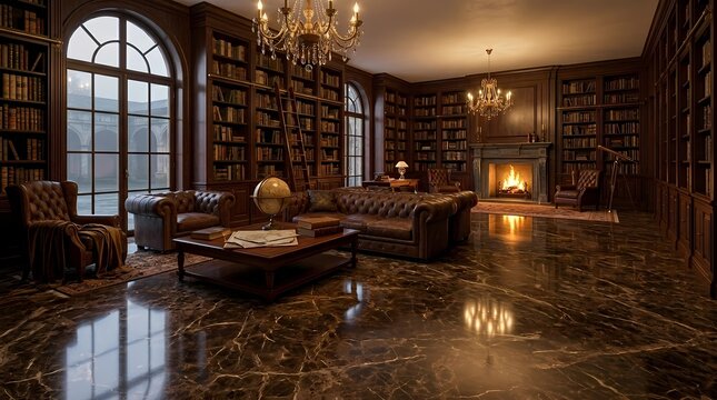 Classic study room interior with a polished brown marble floor, leather Chesterfield sofa, wooden bookshelves, and a cozy fireplace. Traditional luxury style.