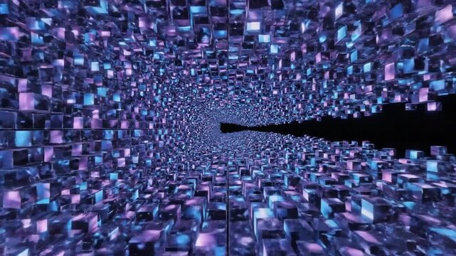 Immersive digital tunnel of glowing purple and blue cubes receding into a dark void with reflective surfaces creating a sense of depth and motion
