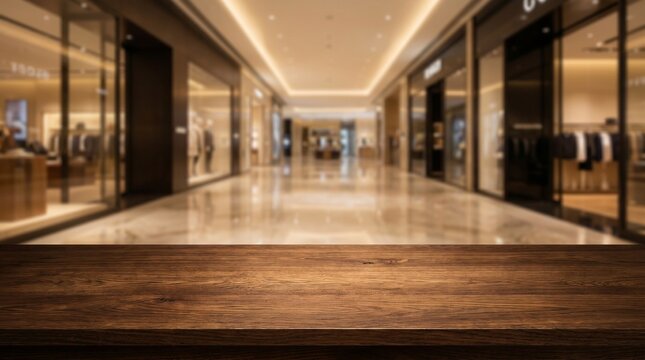 Sharp dark wood tabletop surface in the foreground with a blurred luxury shopping mall hallway and designer storefronts in the background.