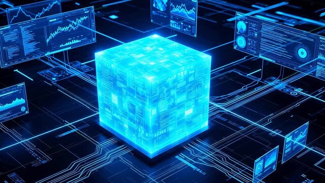 Futuristic digital cube with data displays