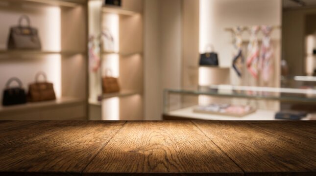 A wooden table surface in focus with a blurred luxury fashion boutique background featuring handbags and accessories on display shelves.